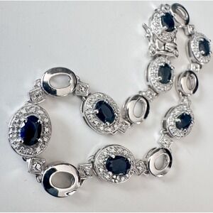 Ross Simons 925 Sterling Dark Sapphire CZ Halo Link Bracelet 7.5"